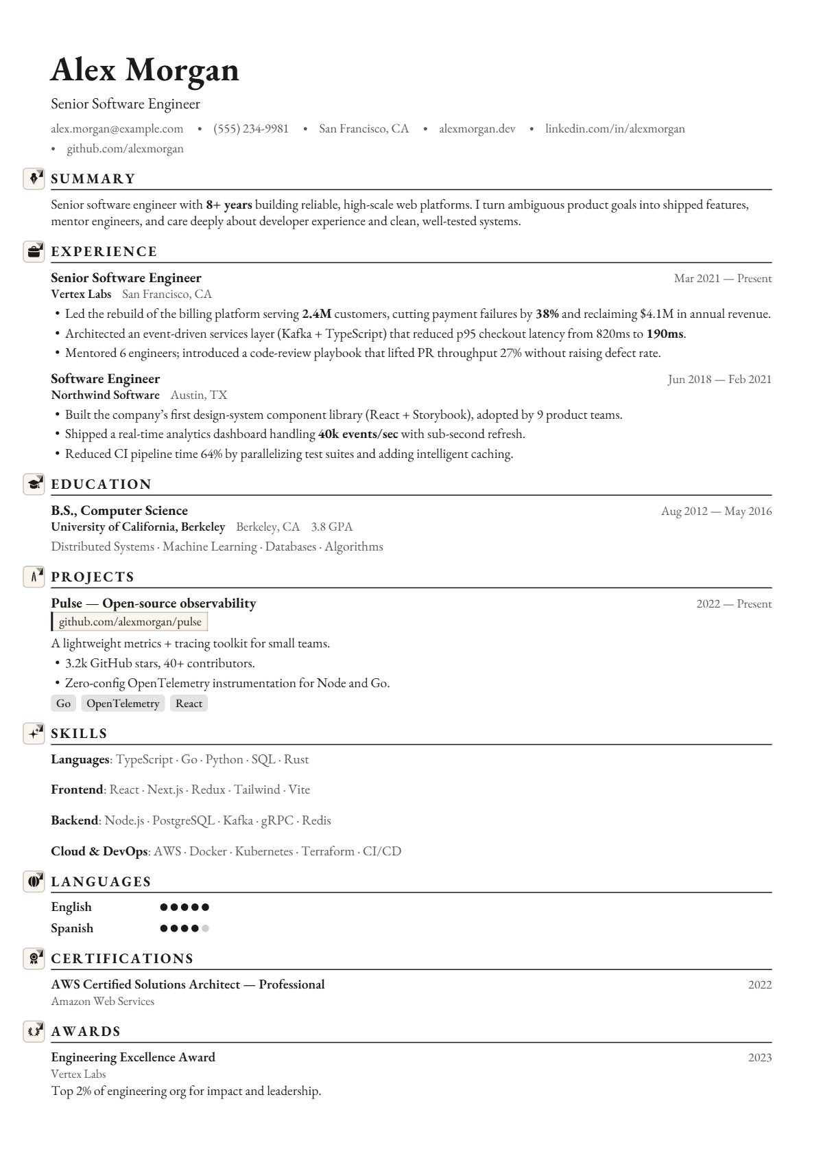 A full résumé page in the Garamond template: single column · classic · elegant