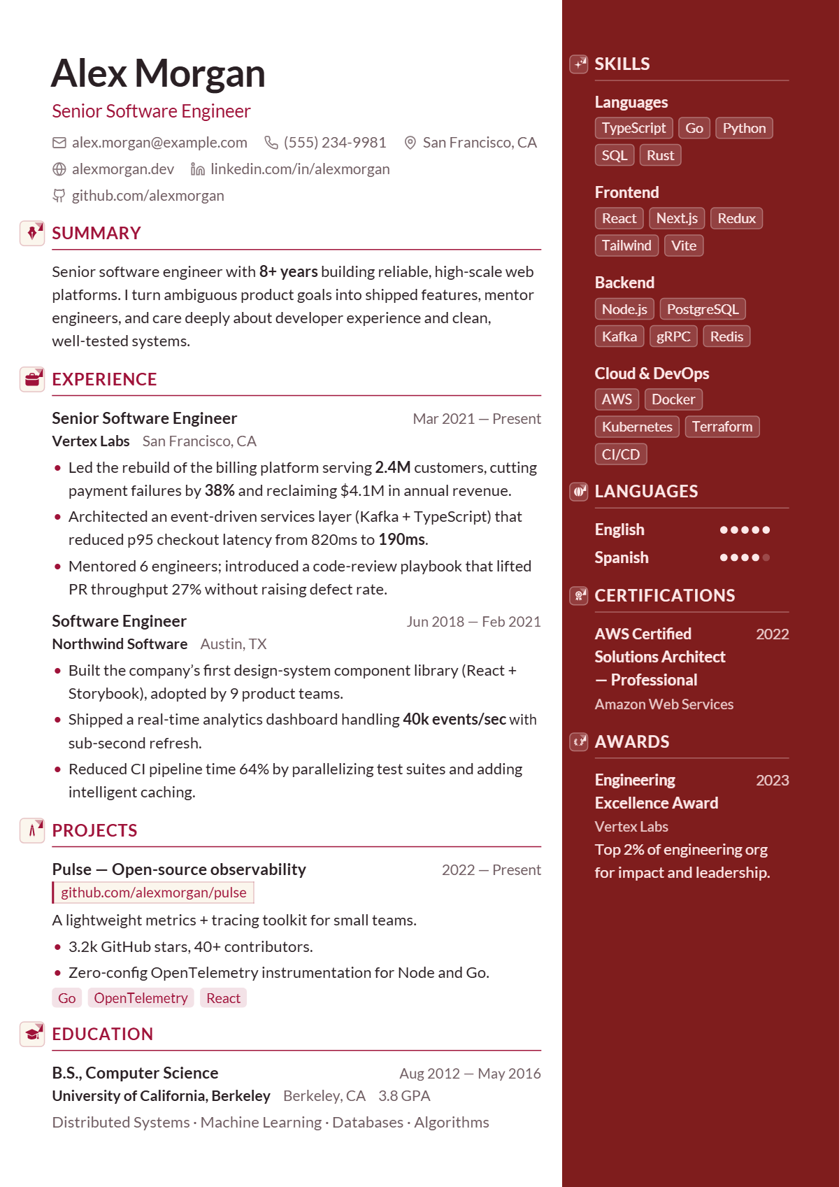 A full résumé page in the Garnet template: two column · creative · premium · photo
