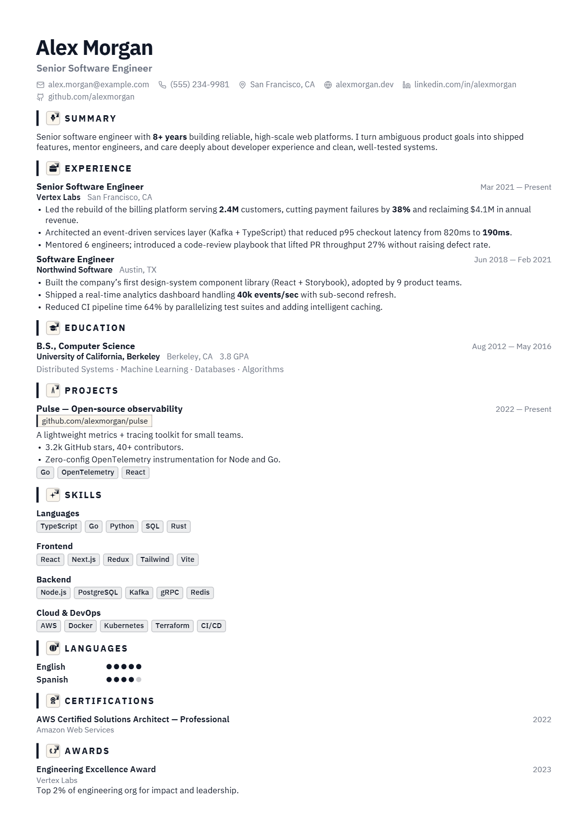 A full résumé page in the Graphite template: single column · technical · modern