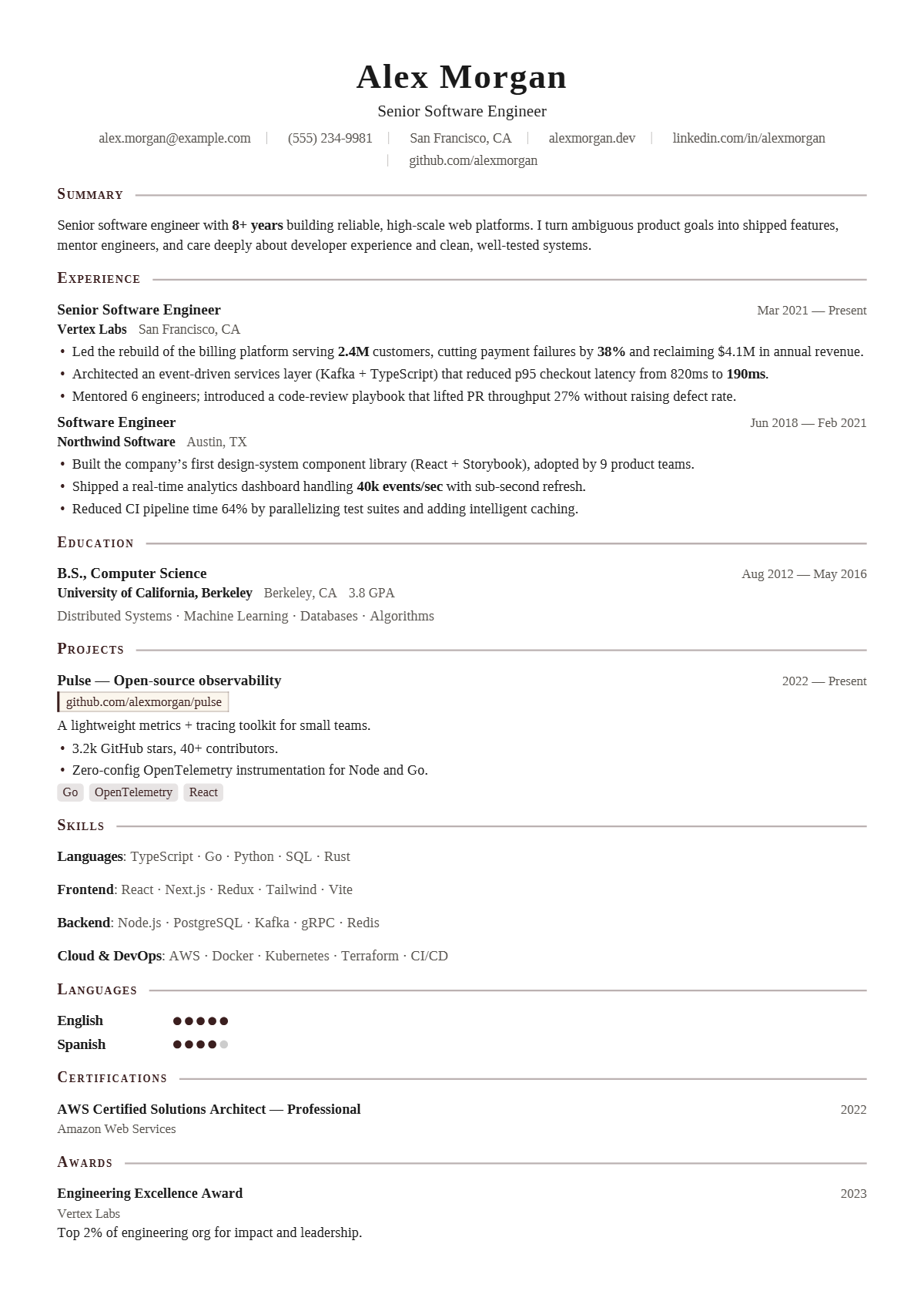 A full résumé page in the Scholar template: single column · classic
