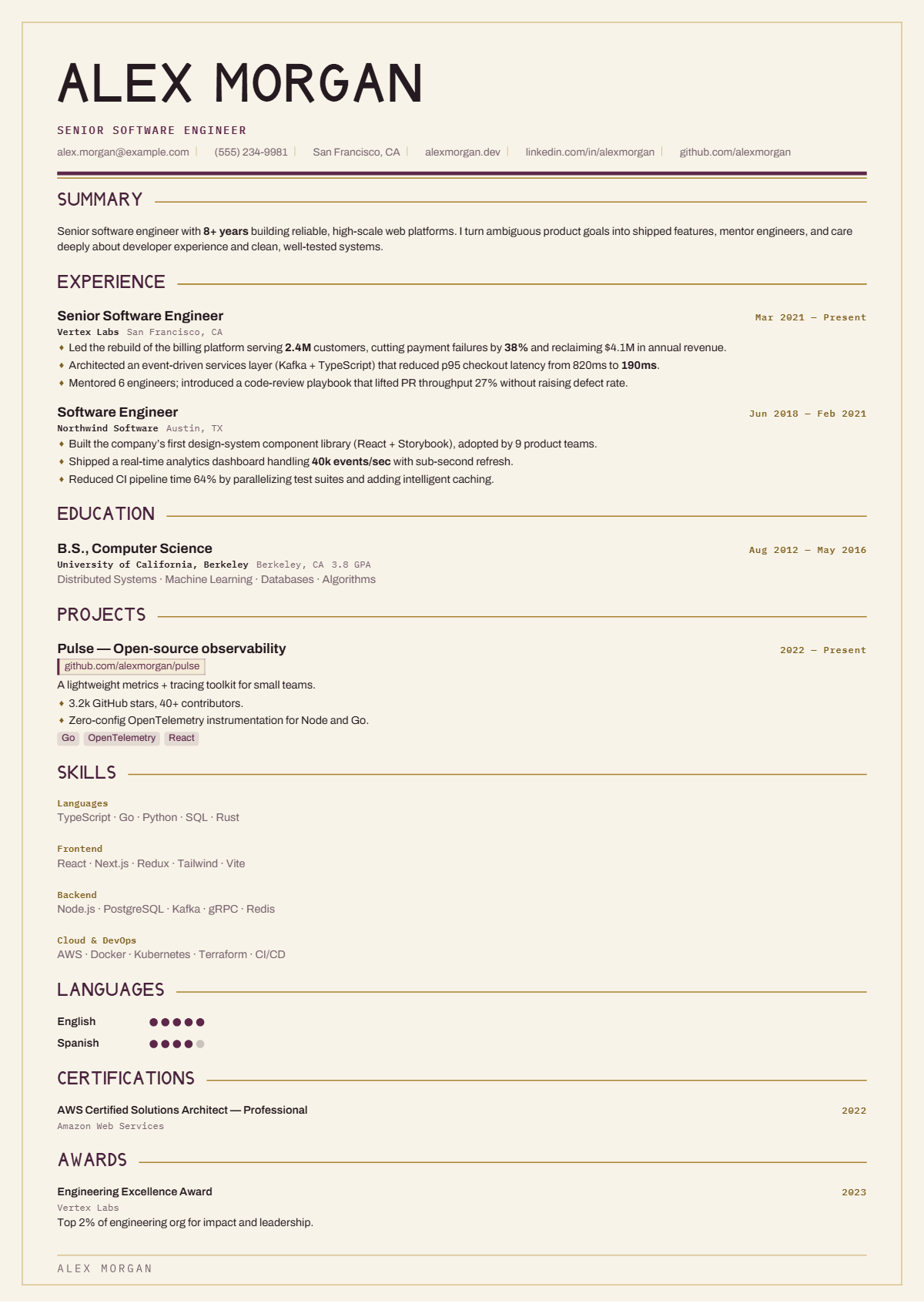A full résumé page in the Keystone template: signature · single column · classic · elegant · premium