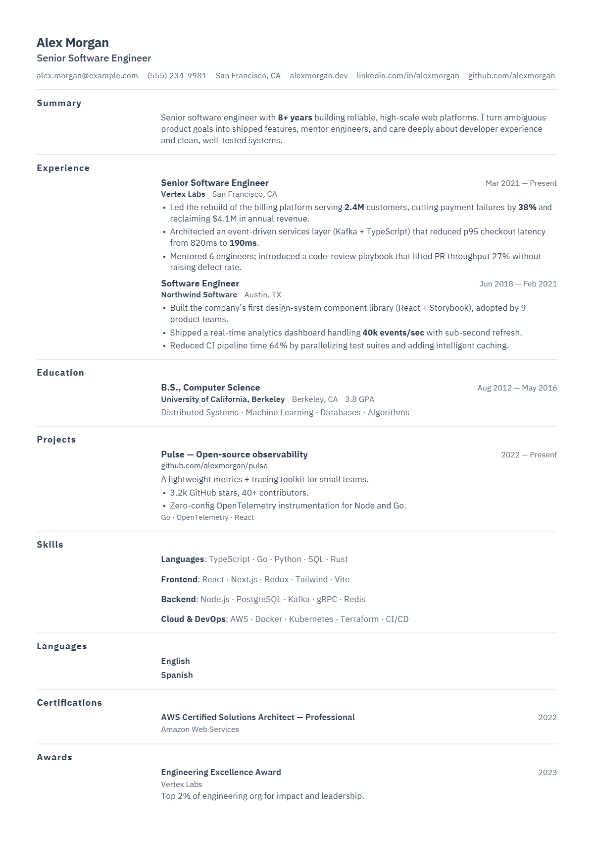 A full résumé page in the Margin template: single column · bare · technical