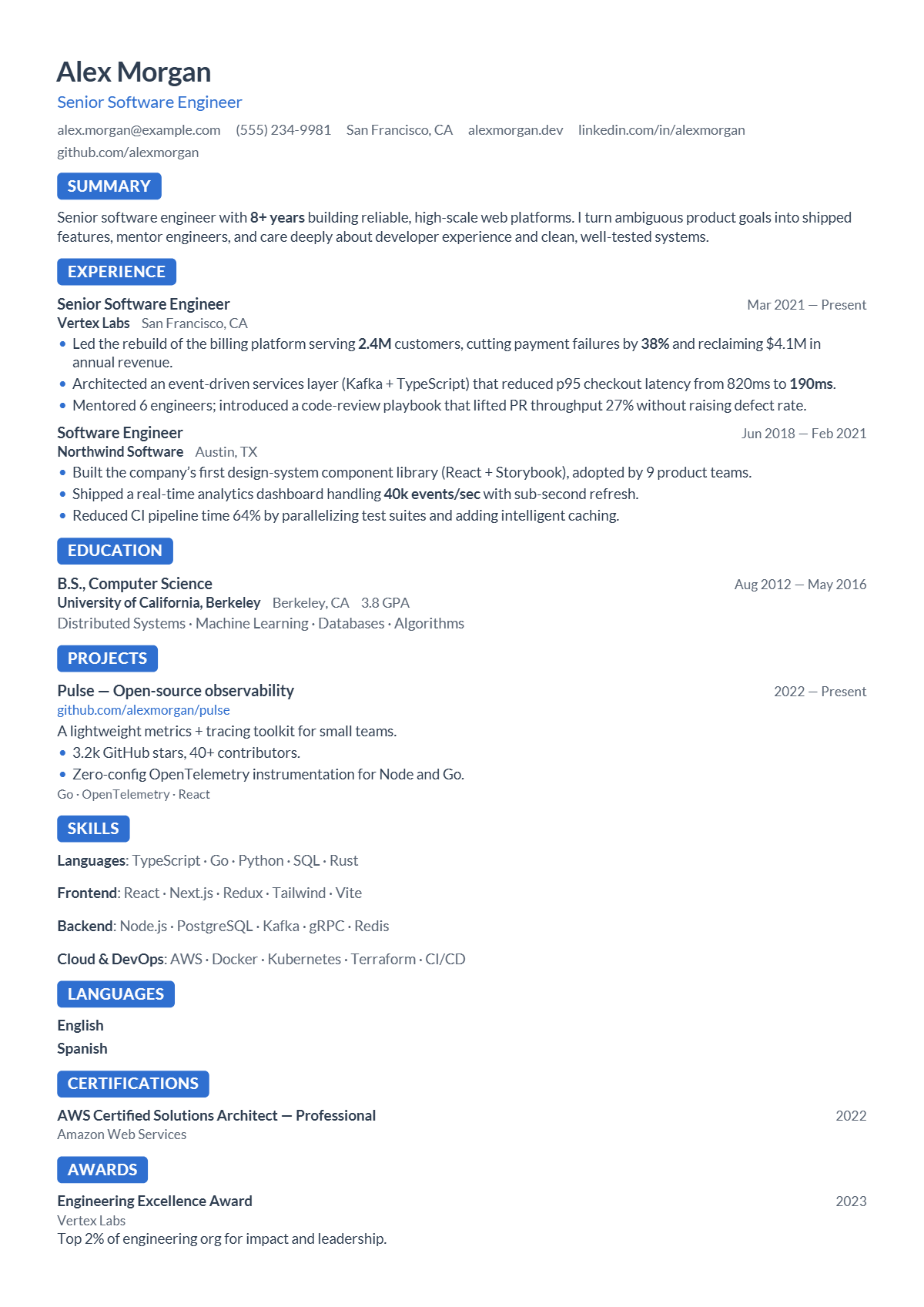 A full résumé page in the Marker template: single column · bare · modern