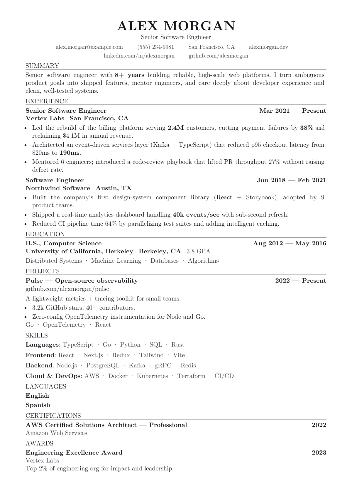 A full résumé page in the Measure template: single column · bare · classic