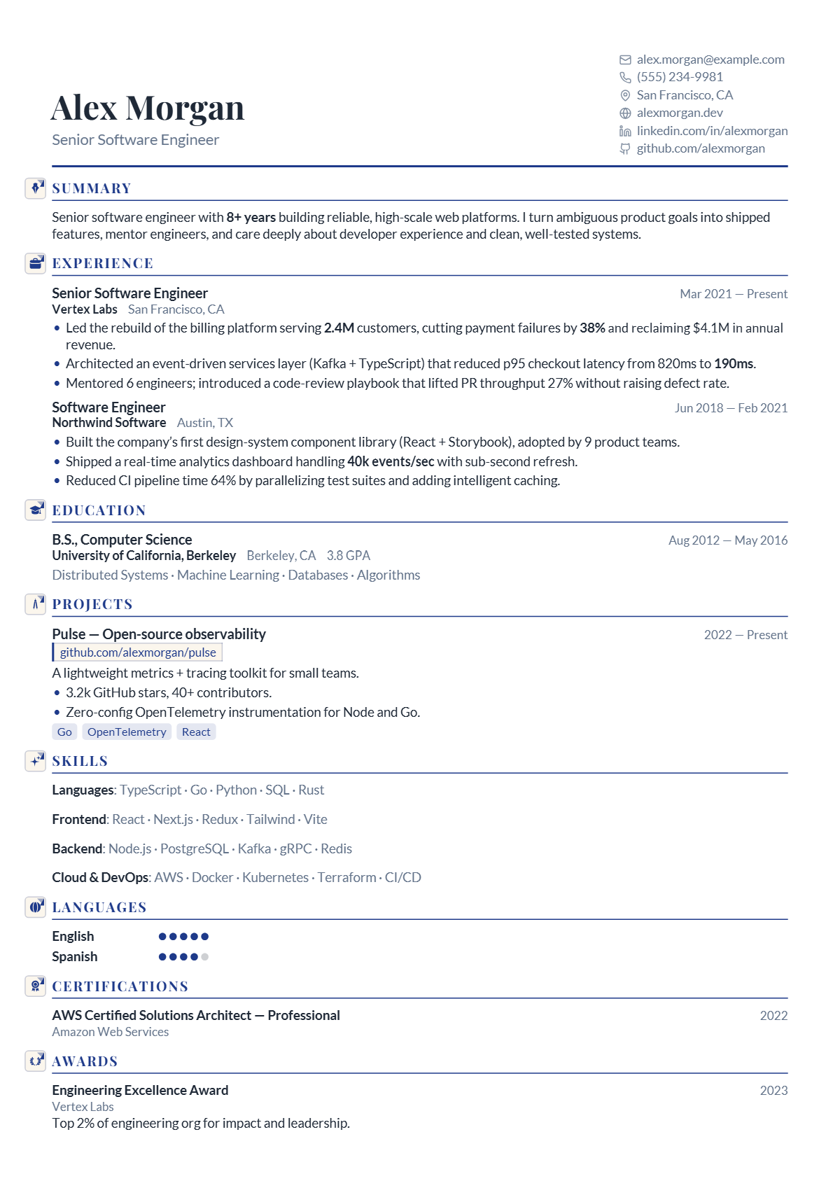 A full résumé page in the Mercury template: single column · executive · classic