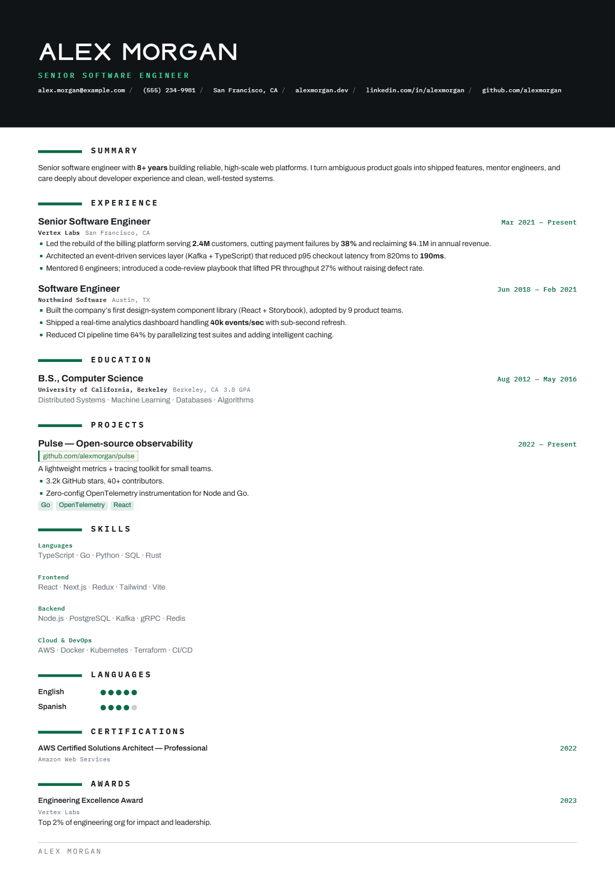 A full résumé page in the Meridian template: signature · single column · modern · minimal · premium