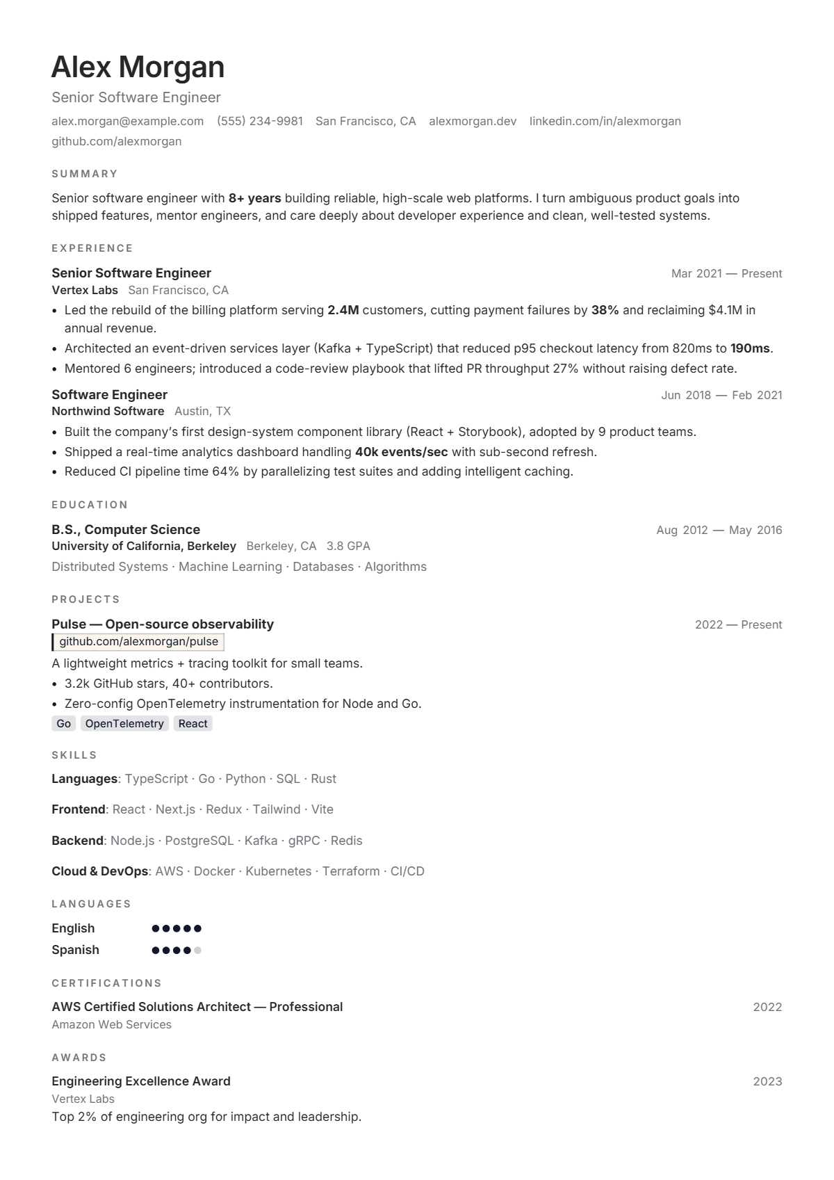 A full résumé page in the Frost template: single column · minimal