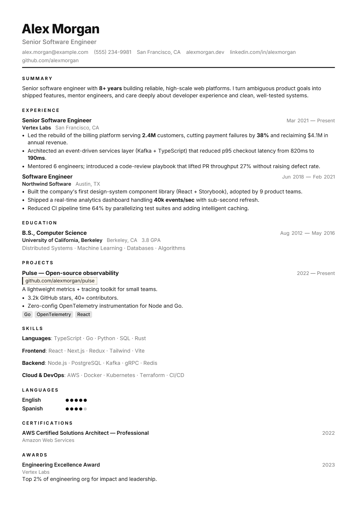 A full résumé page in the Mono template: single column · minimal