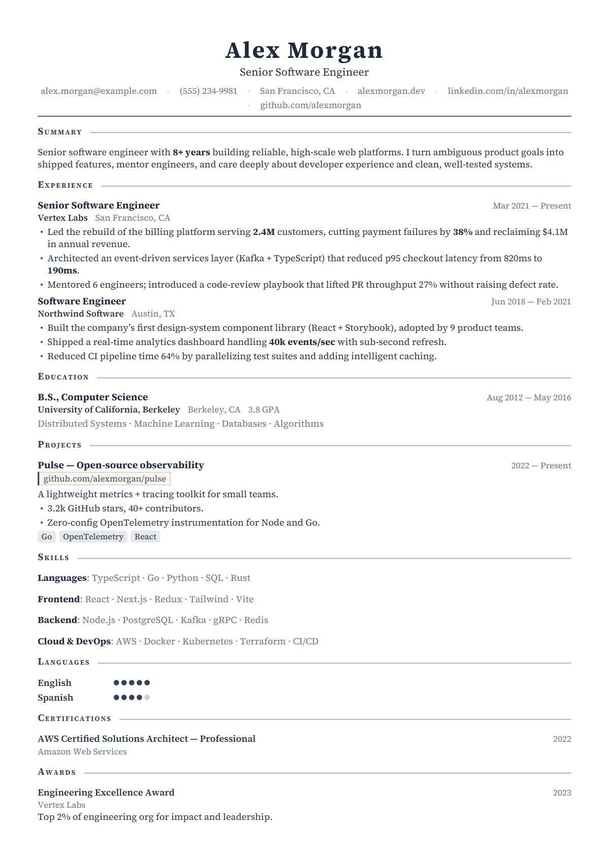 A full résumé page in the Newton template: single column · classic · elegant