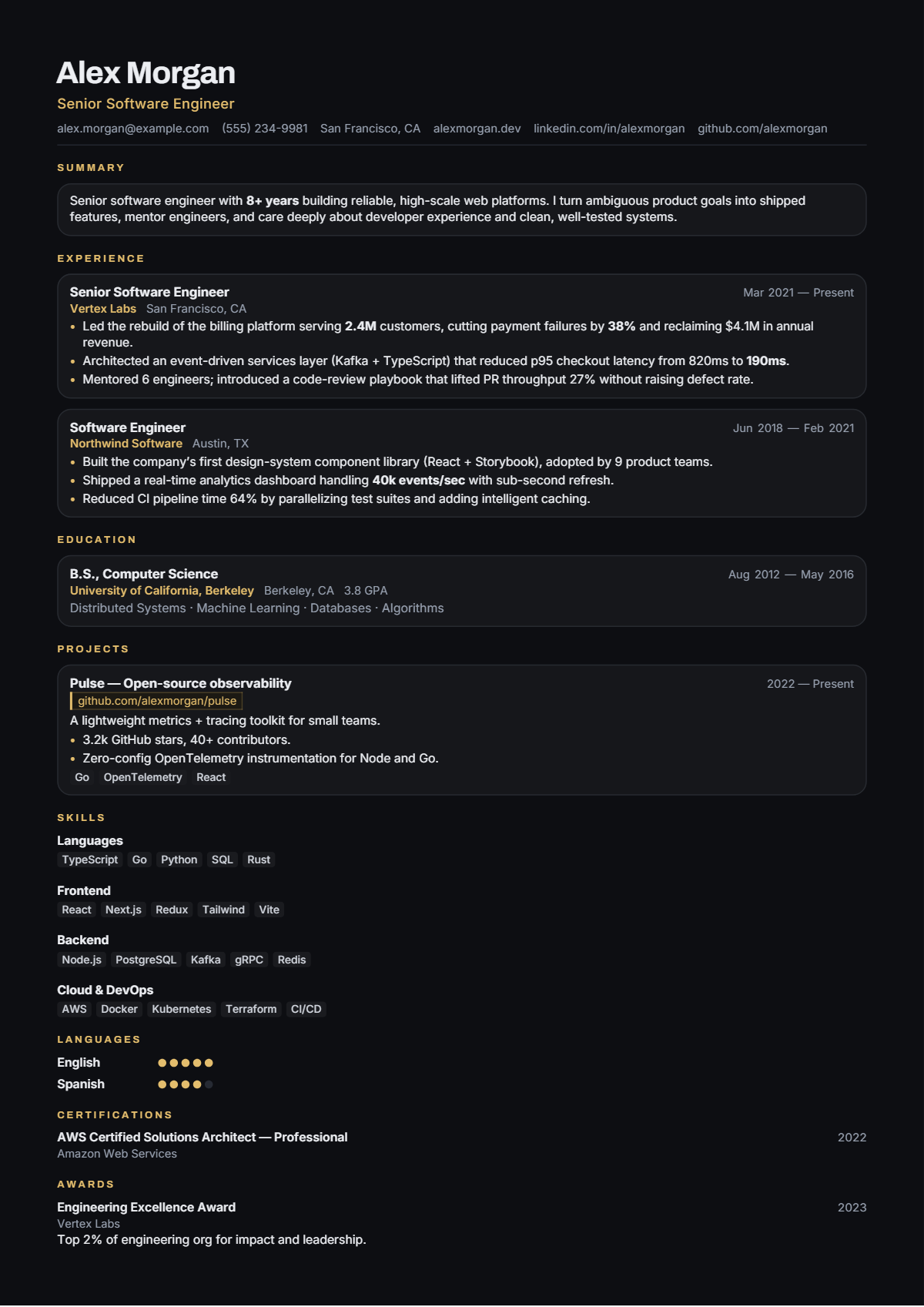 A full résumé page in the Obsidian template: single column · creative · premium