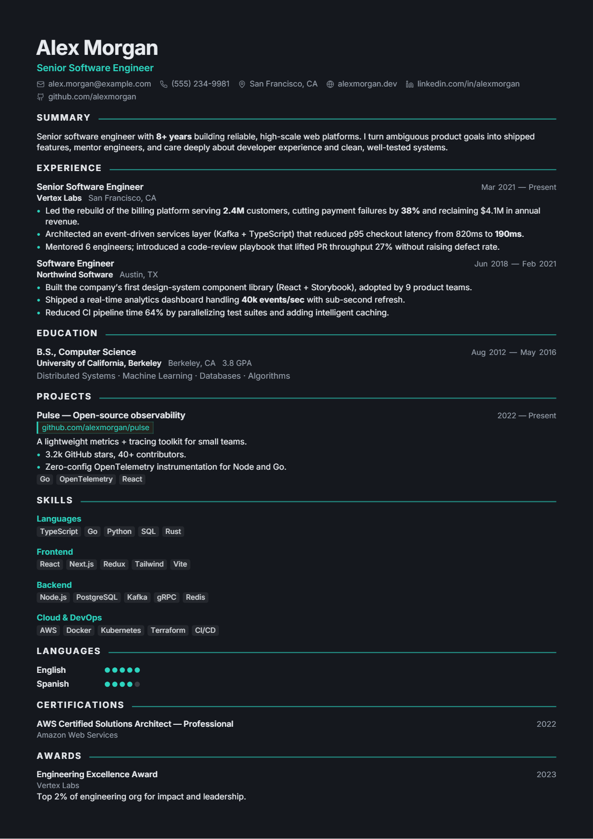 A full résumé page in the Onyx Noir template: single column · creative · premium
