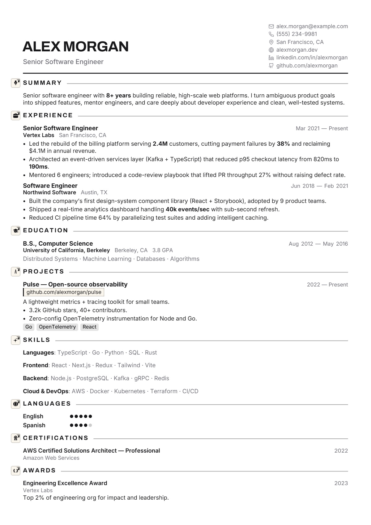 A full résumé page in the Onyx template: single column · minimal · modern