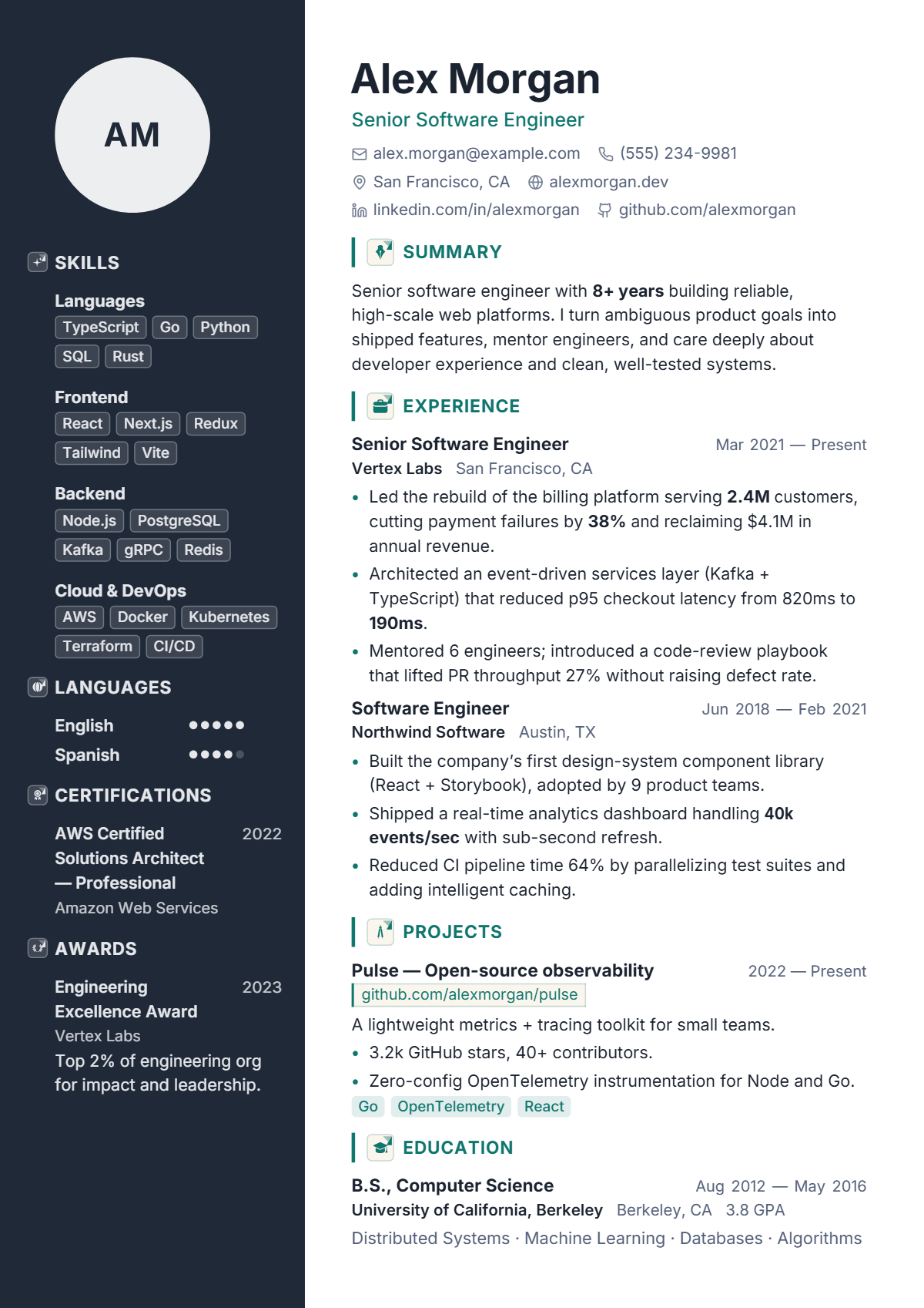 A full résumé page in the Pinnacle template: two column · modern · premium