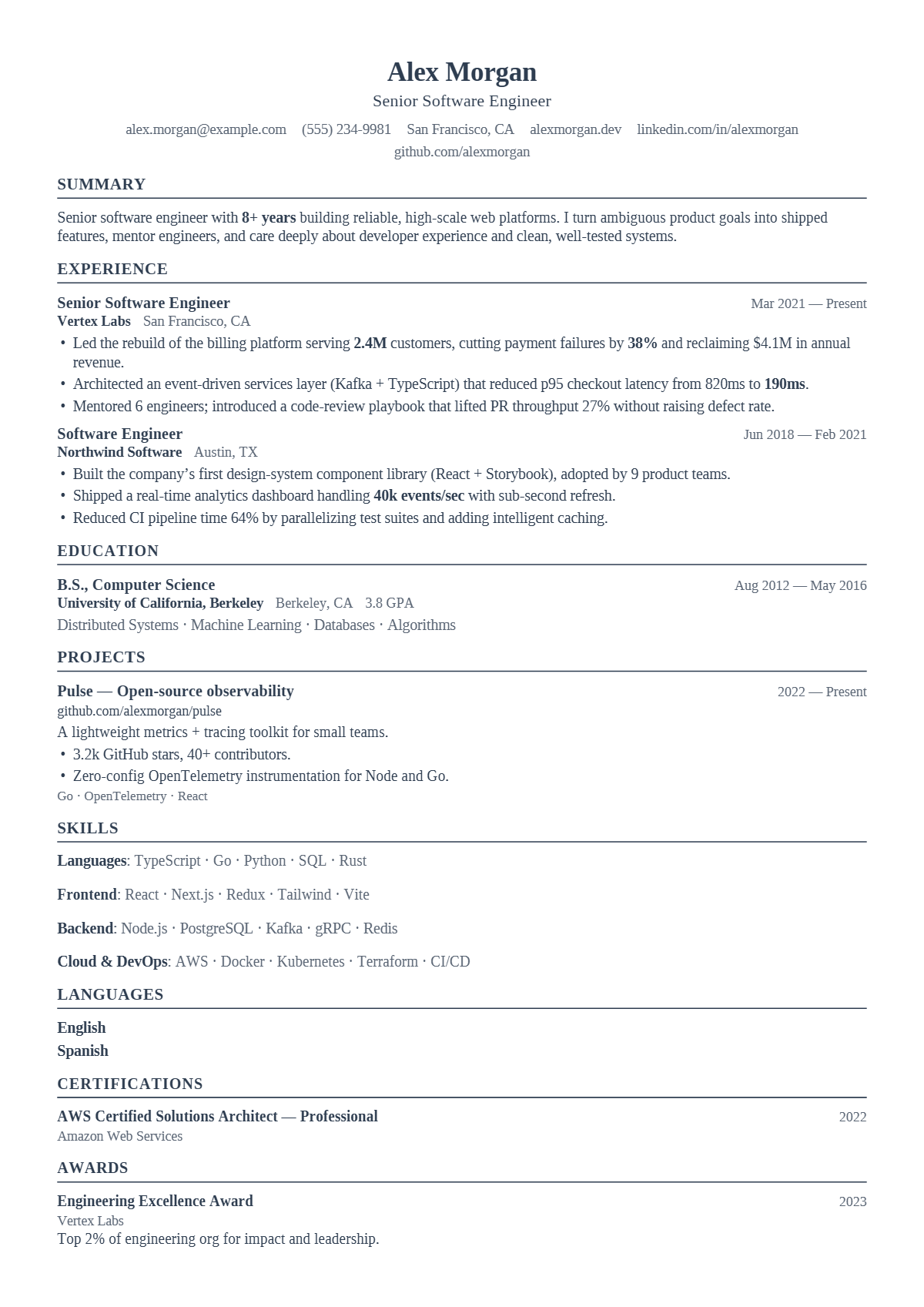 A full résumé page in the Plainsong template: single column · bare · classic