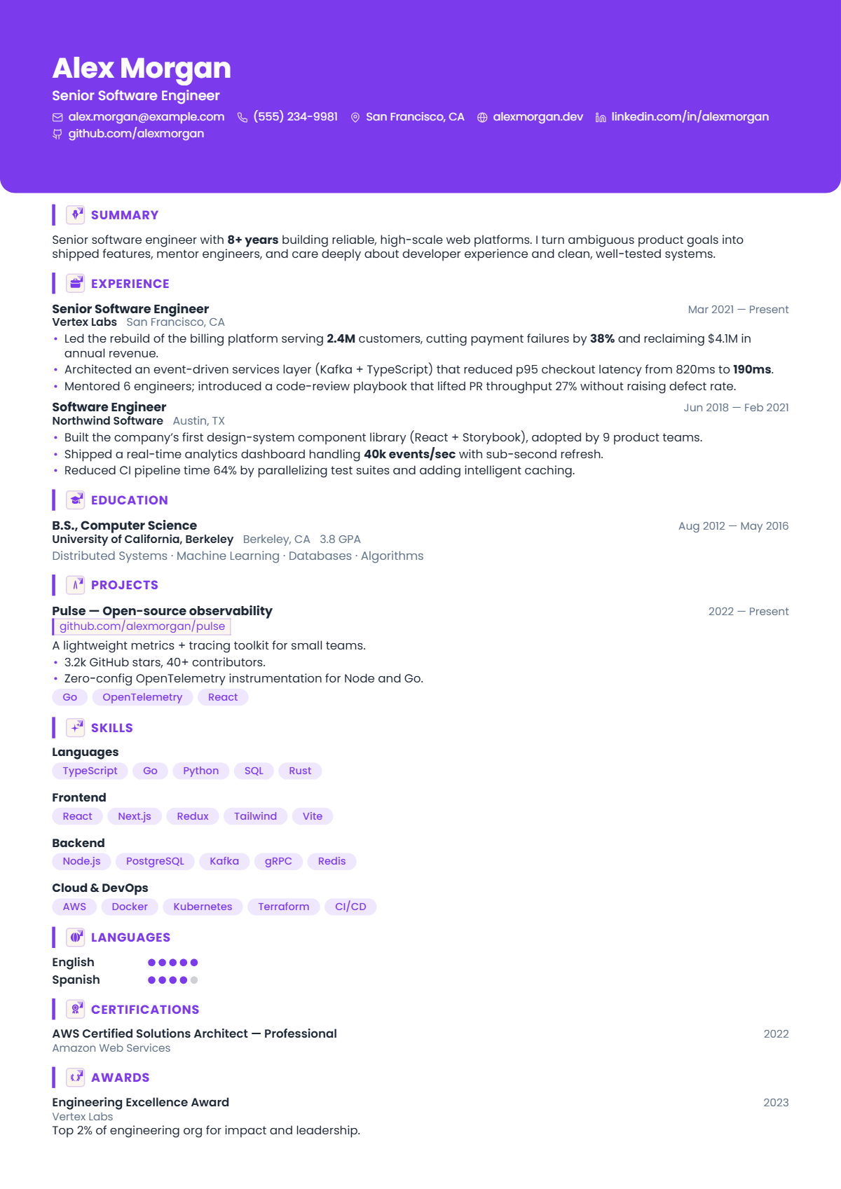 A full résumé page in the Amethyst template: single column · creative · modern
