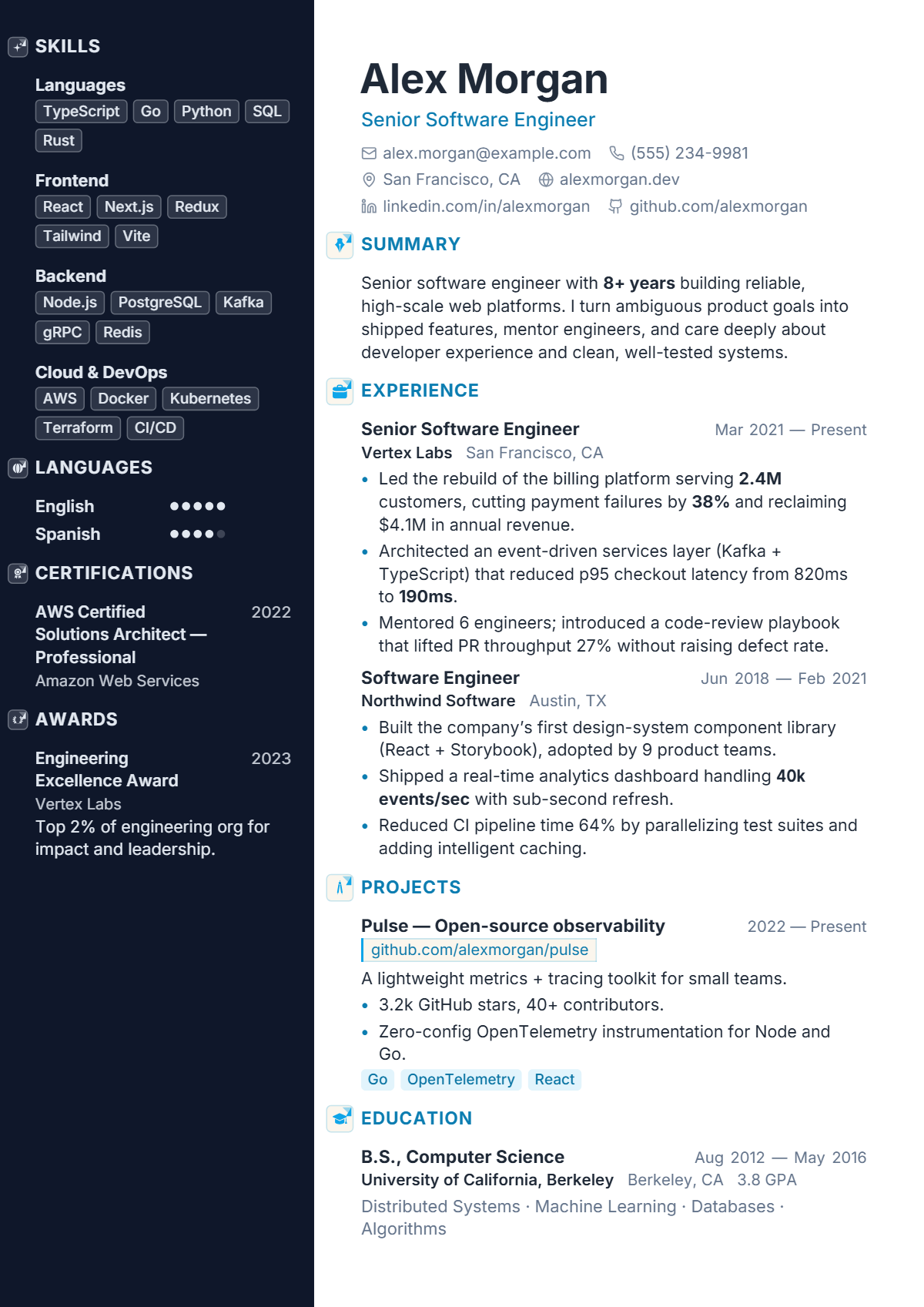 A full résumé page in the Portrait template: two column · photo · modern · creative