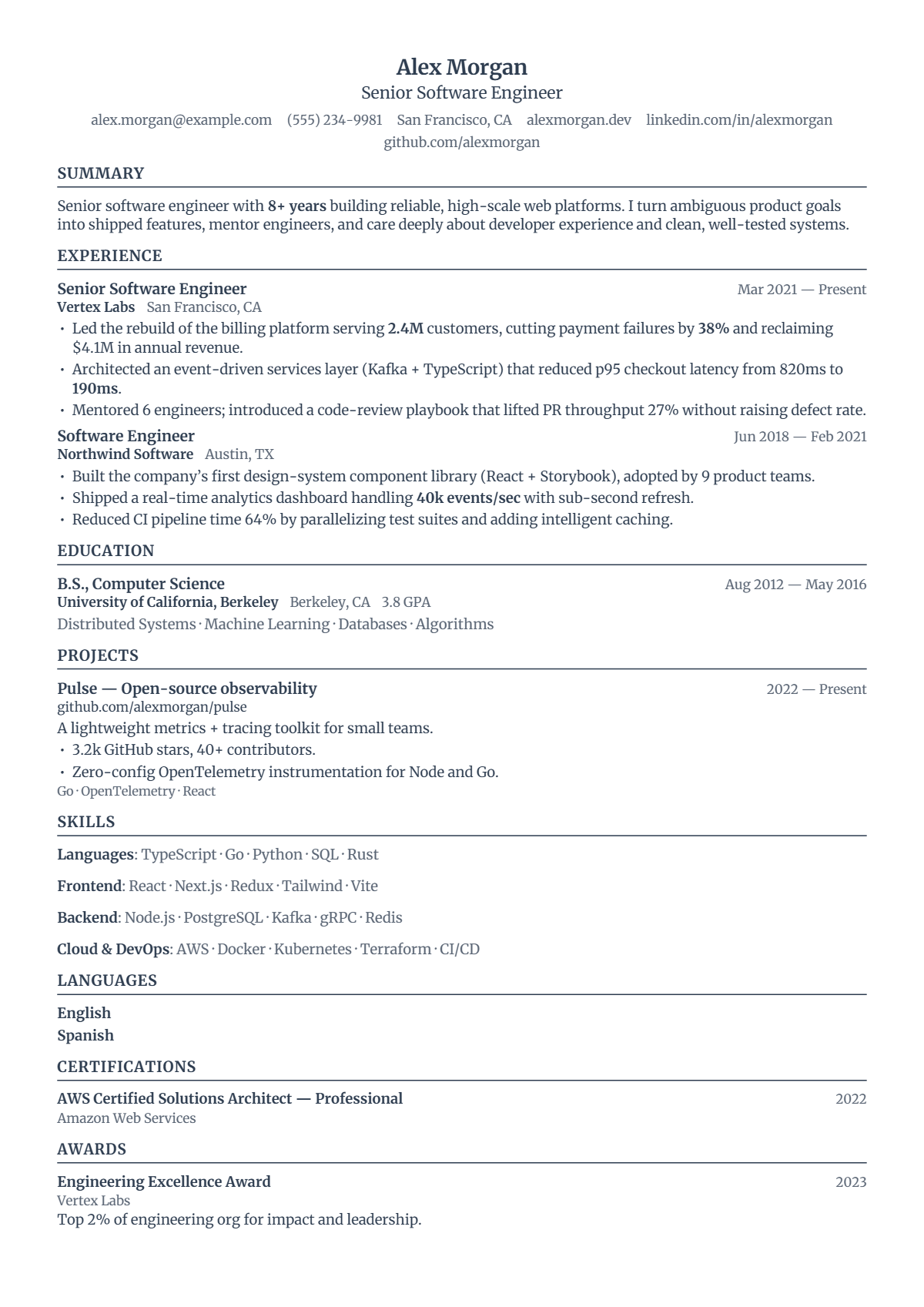 A full résumé page in the Quire template: single column · bare · compact