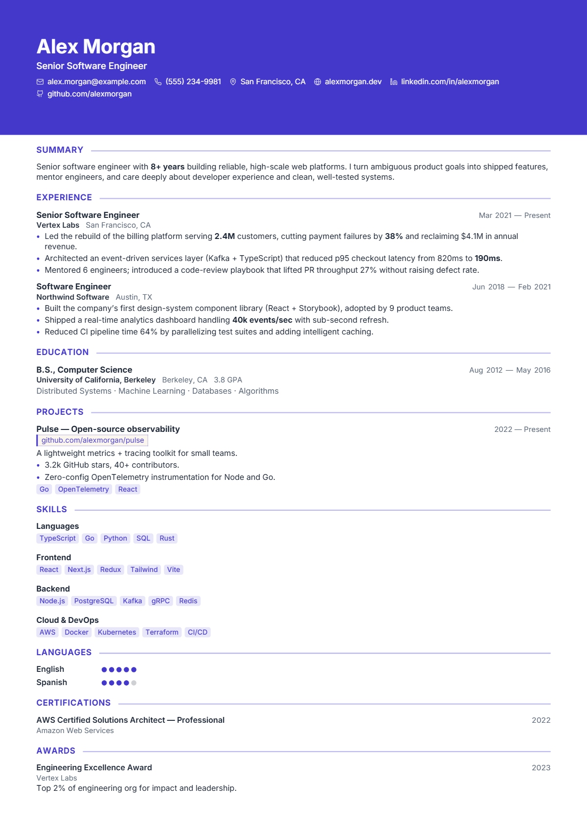 A full résumé page in the Ribbon template: single column · creative · premium