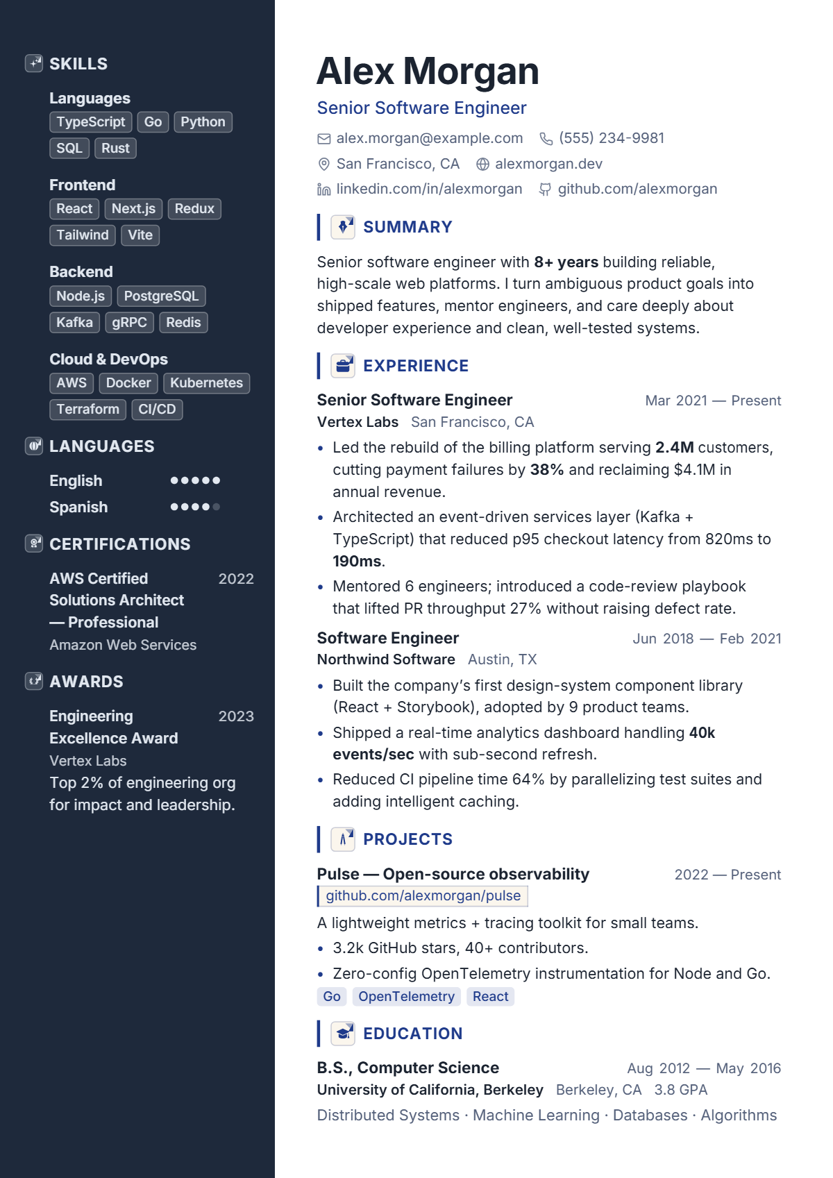 A full résumé page in the Sapphire template: two column · modern · premium · photo