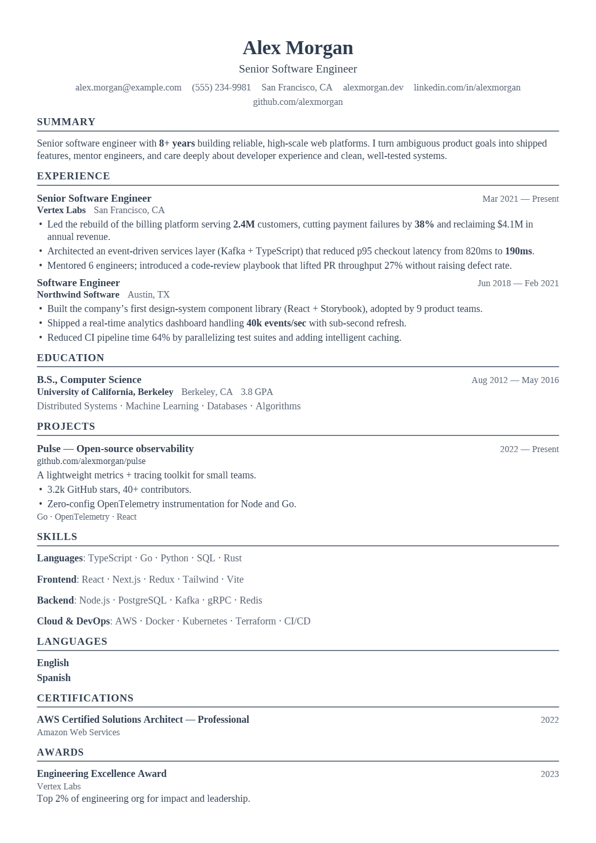 A full résumé page in the Scribe template: single column · bare · classic