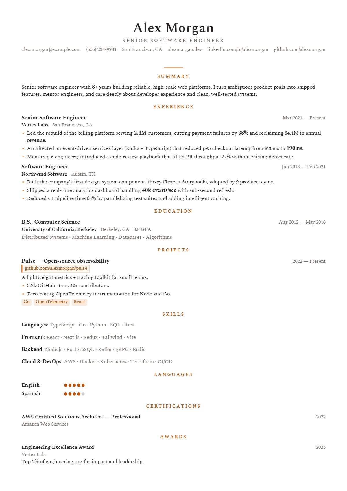 A full résumé page in the Sienna template: single column · elegant · creative