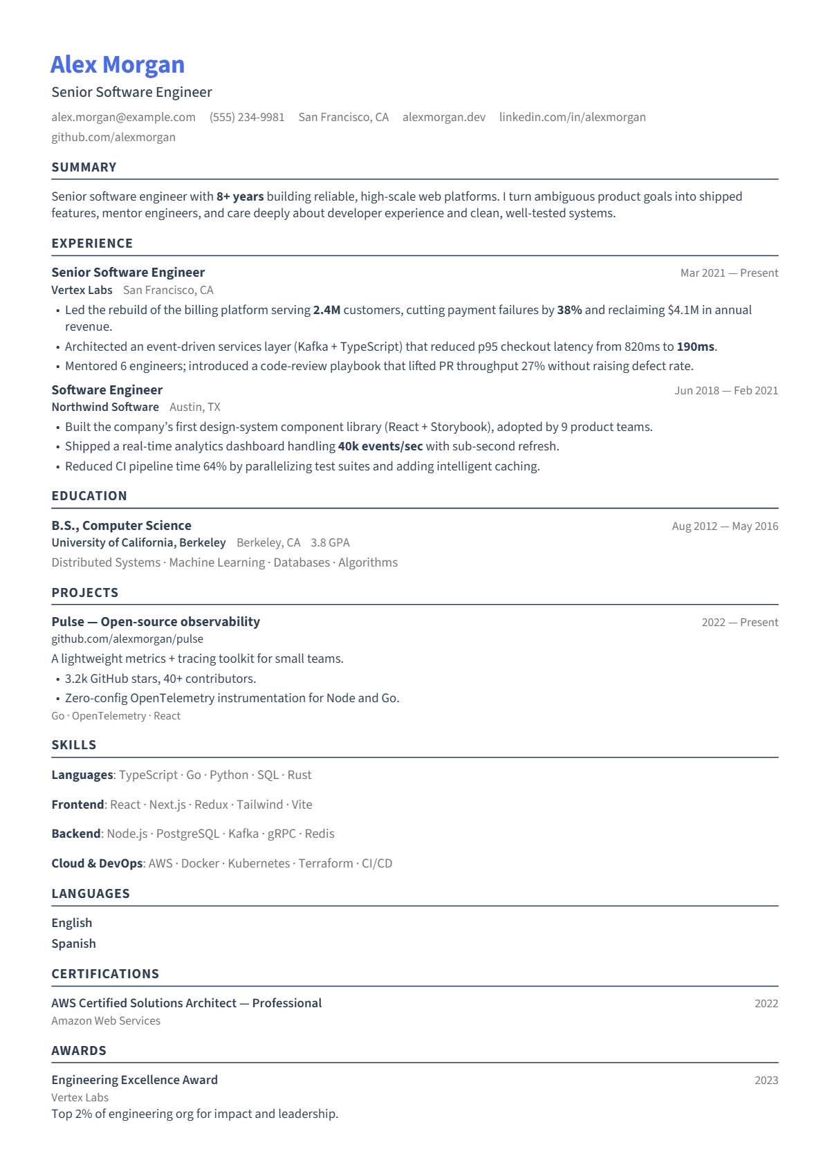 A full résumé page in the Signal template: single column · bare · modern