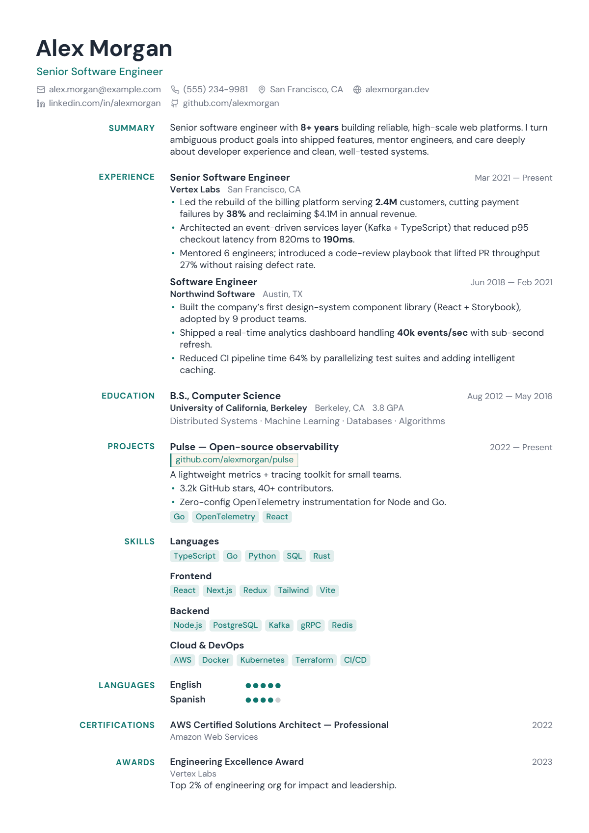 A full résumé page in the Slate template: single column · modern · minimal