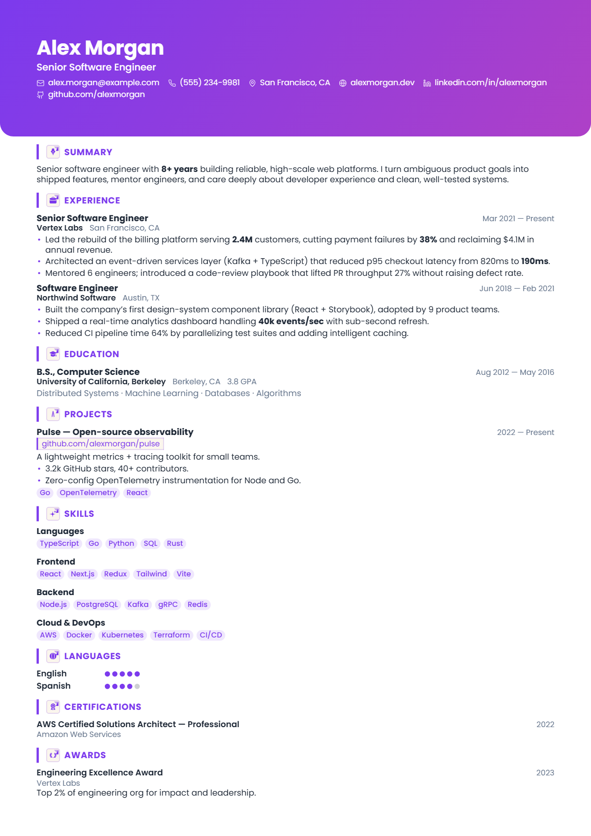A full résumé page in the Spotlight template: single column · creative · photo · modern