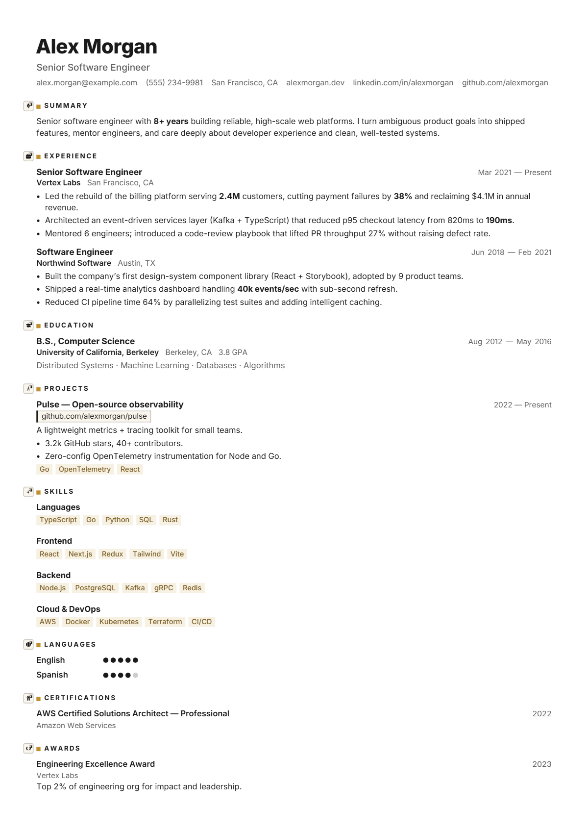 A full résumé page in the Swiss Aurum template: single column · premium · modern
