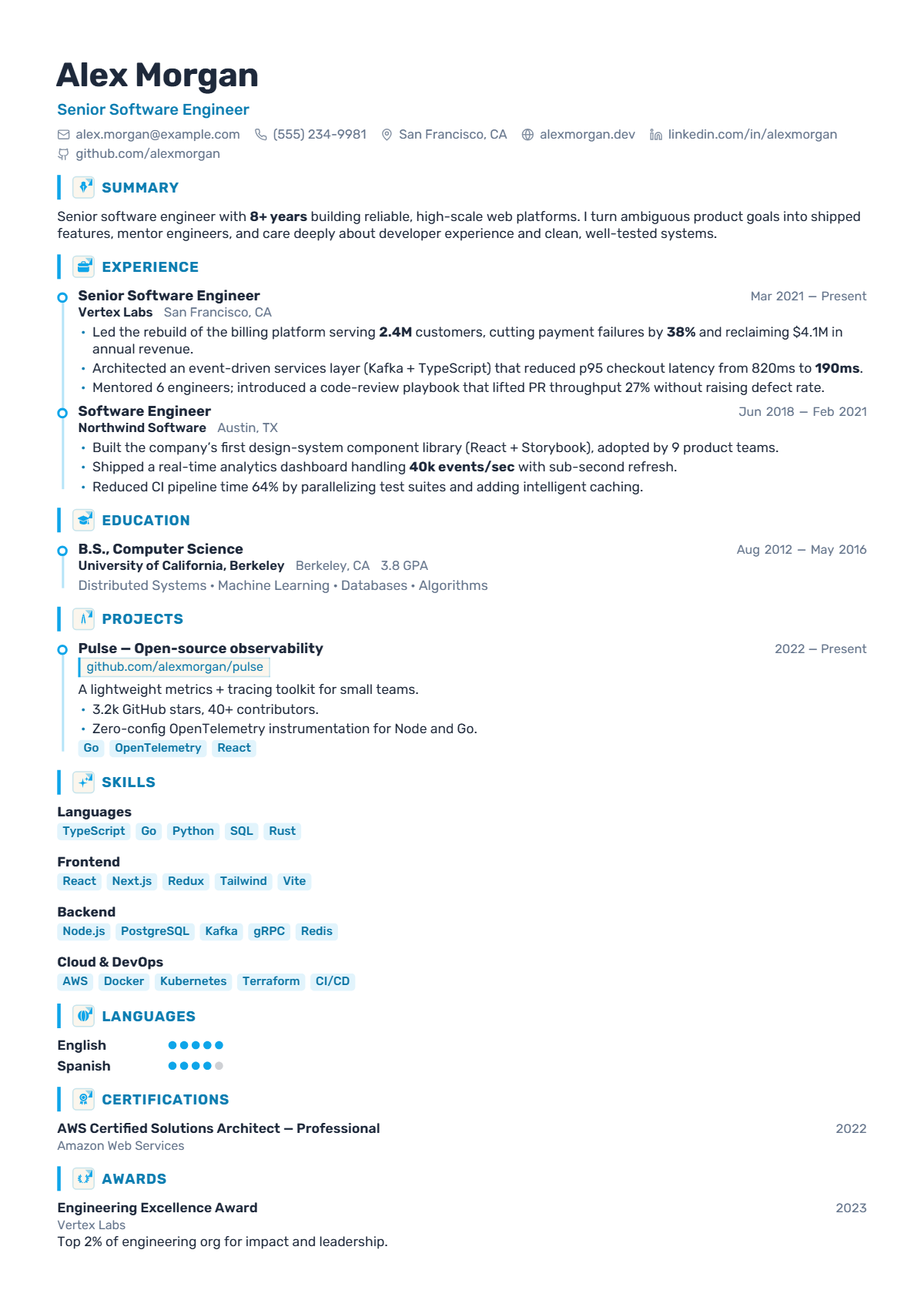 A full résumé page in the Vertex template: single column · modern · timeline