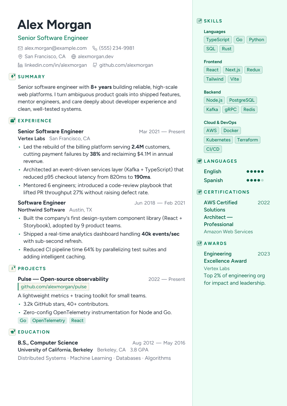 A full résumé page in the Verdant template: two column · modern · minimal